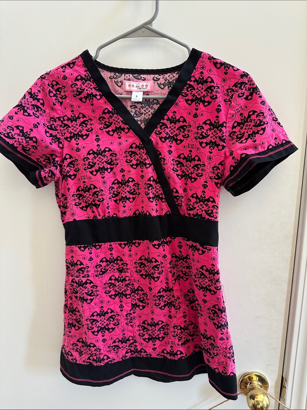 Pink and Black Halloween Bat Themed Women's Scrub Top